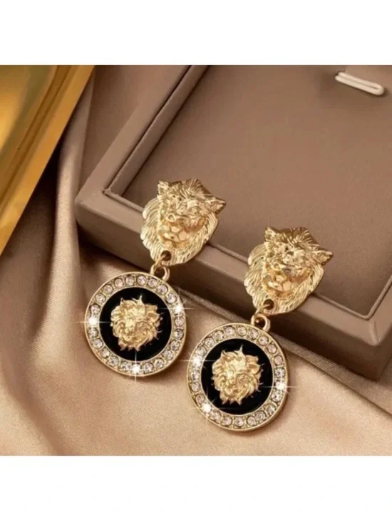 Gold Tone and Black Lion Medallion Drop Earrings - Women's Jewelry New NWT - Picture 3 of 6
